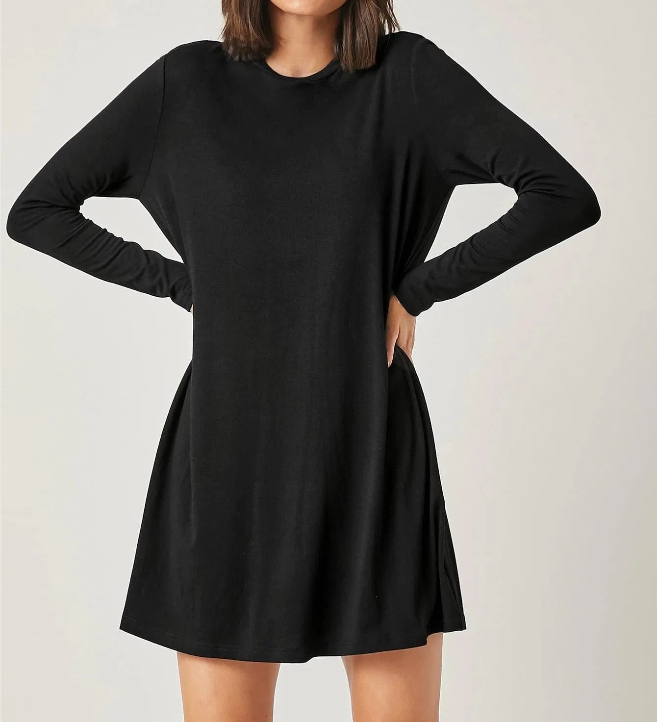 Женское короткое трикотажное платье с длинным рукавом, Black — фото 2