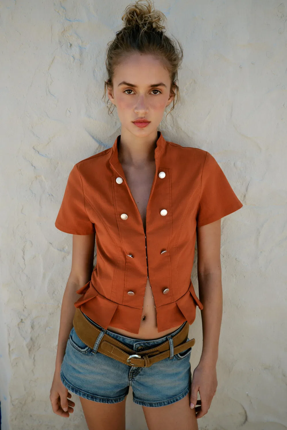 Футболка с короткими рукавами и пуговицами ZARA, Terracotta — фото 2