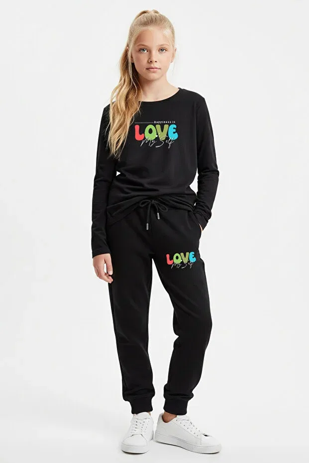 Детский спортивный комплект для девочек с принтом Round Neck Love My Self Panios Kids, Black