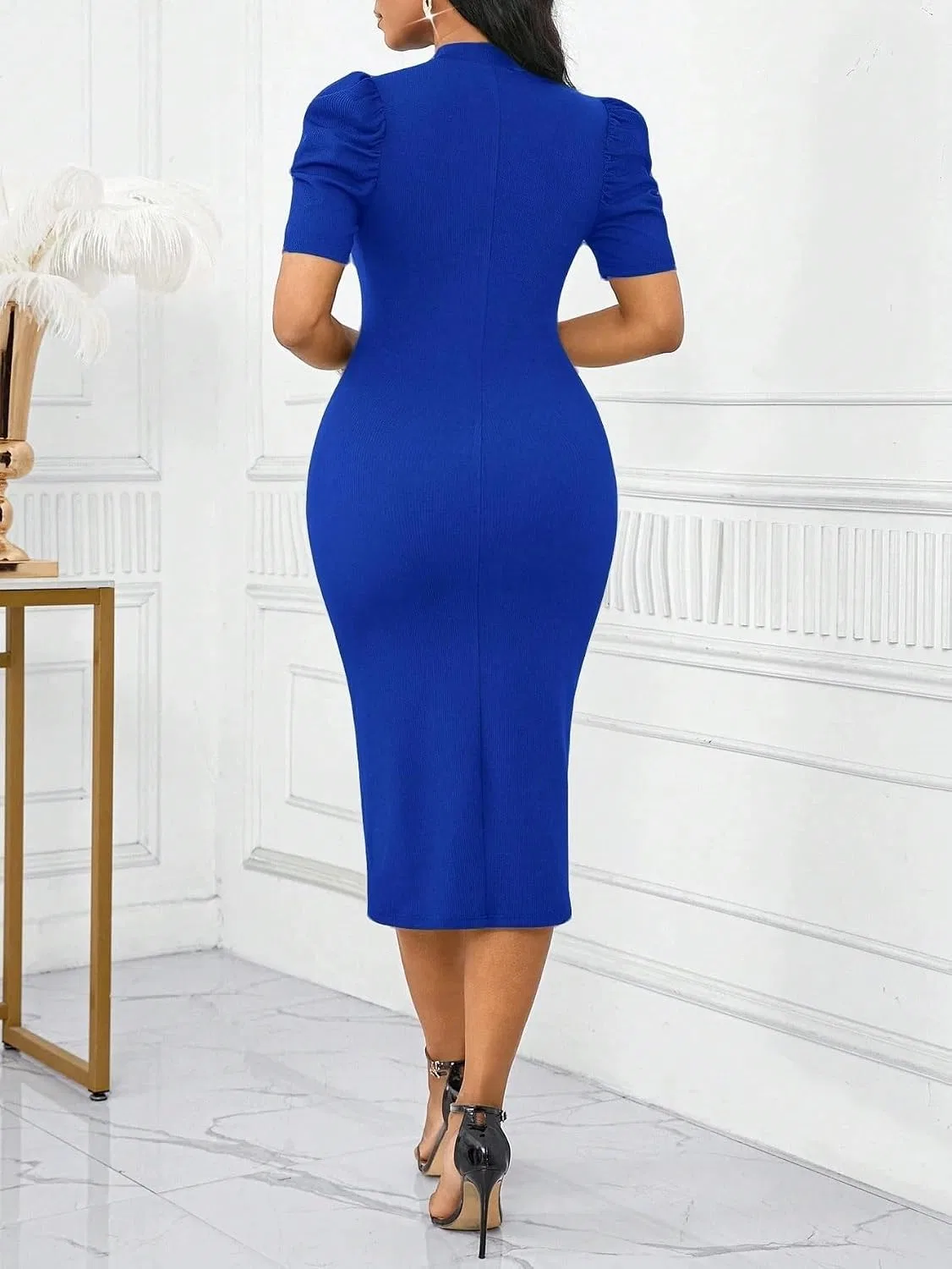 Женское элегантное платье bodycon с воротником-стойкой, коротким рукавом и пуговицами, Royal Blue — фото 3