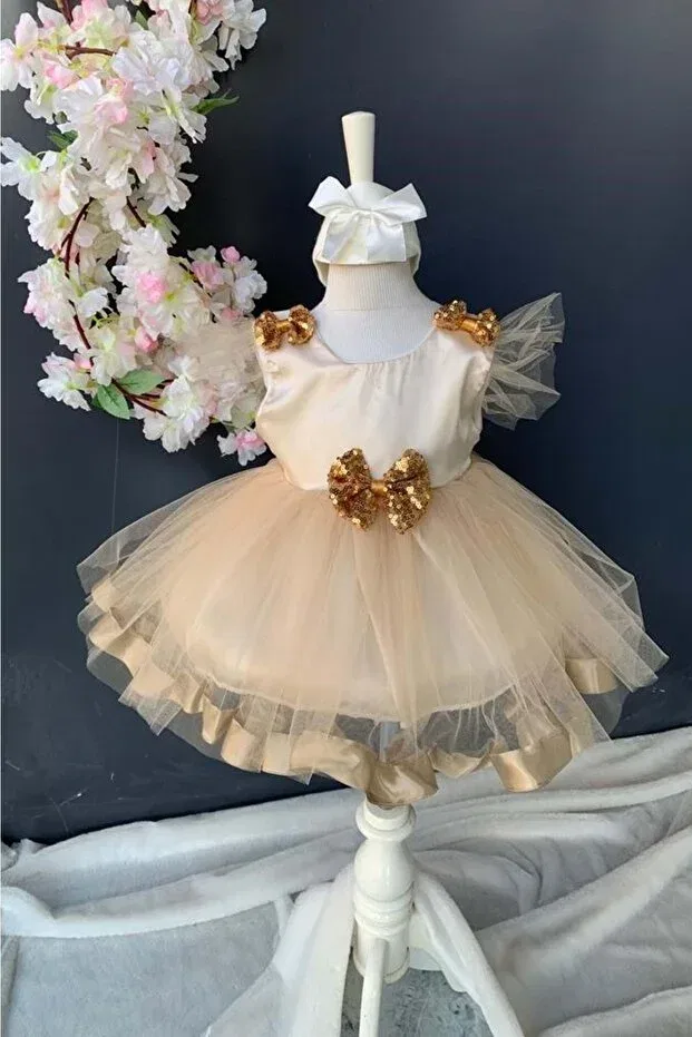 Детское платье для девочек с пайетками Sequin Bow Satin Baby Girl Mevlütluk Dress Mnk Baby&Kids, Beige