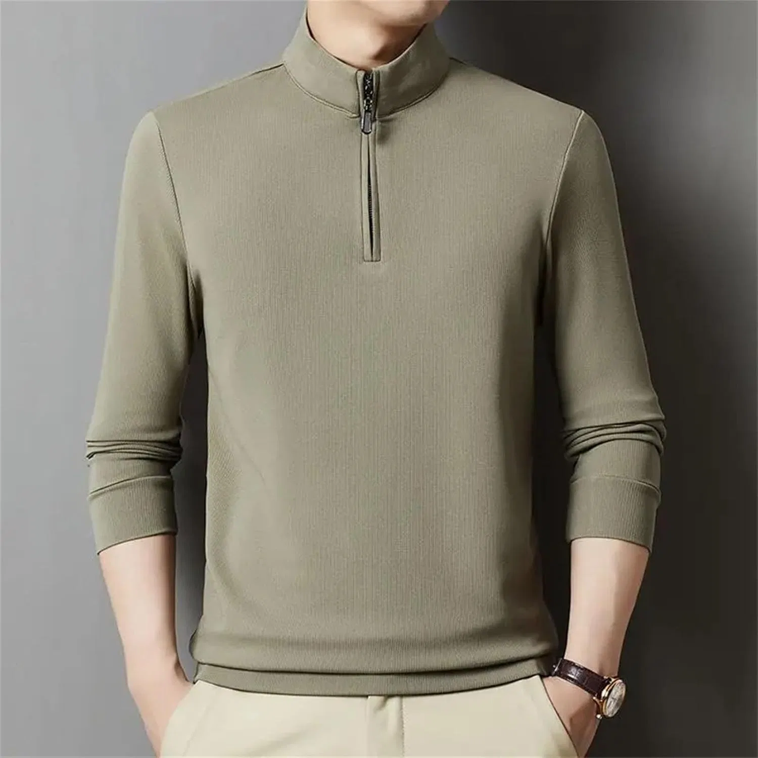 Мужская футболка поло с длинным рукавом на молнии, Army Green — фото 4