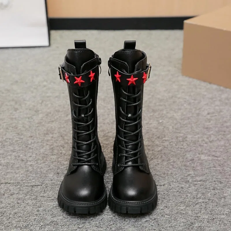 Детские ботинки для девочек с принтом, модель Girls White Combat Boots, Black Stars — фото 2