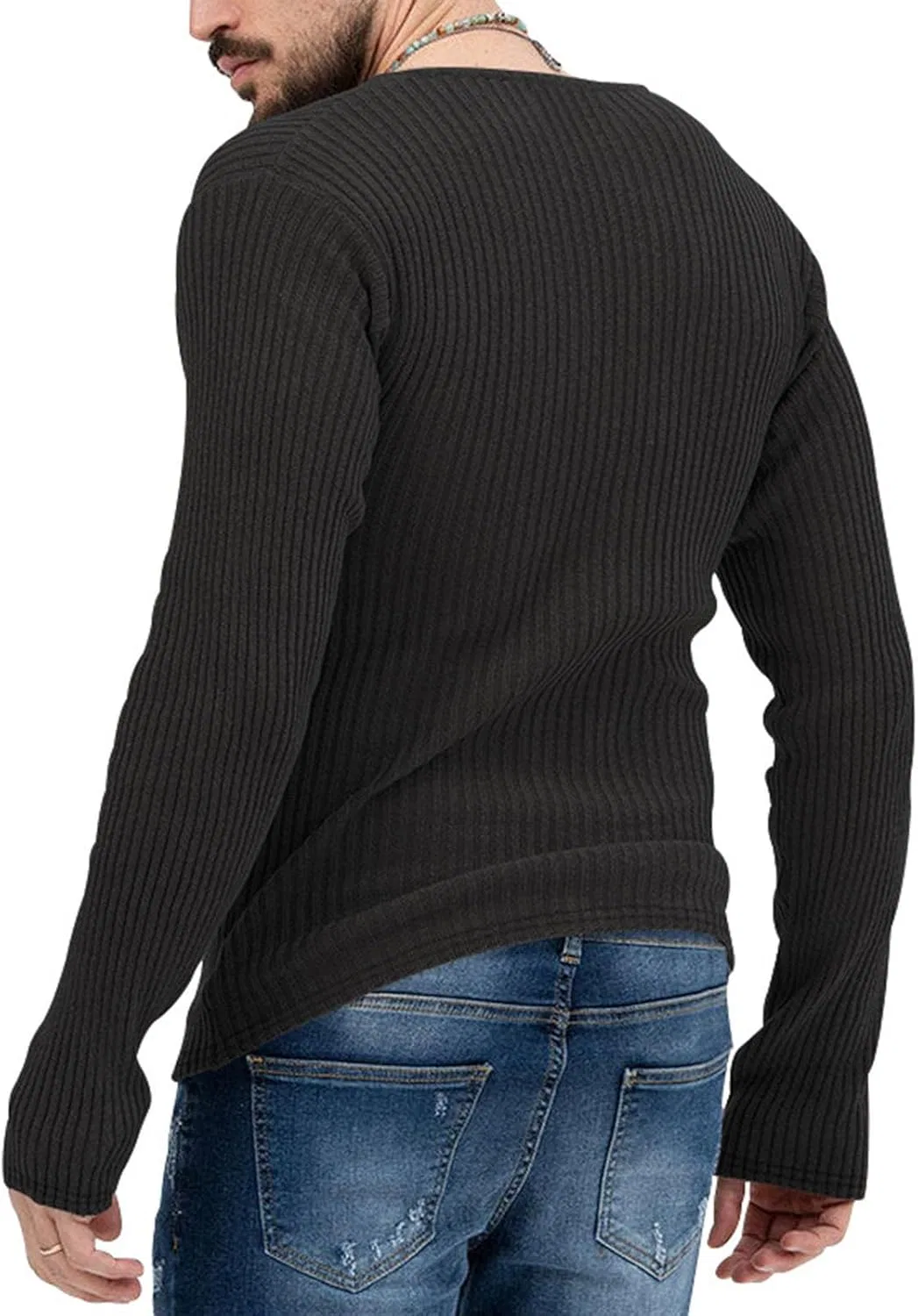 Мужская облегающая футболка с длинным рукавом V-образным вырезом Ribbed Knit, Black — фото 2