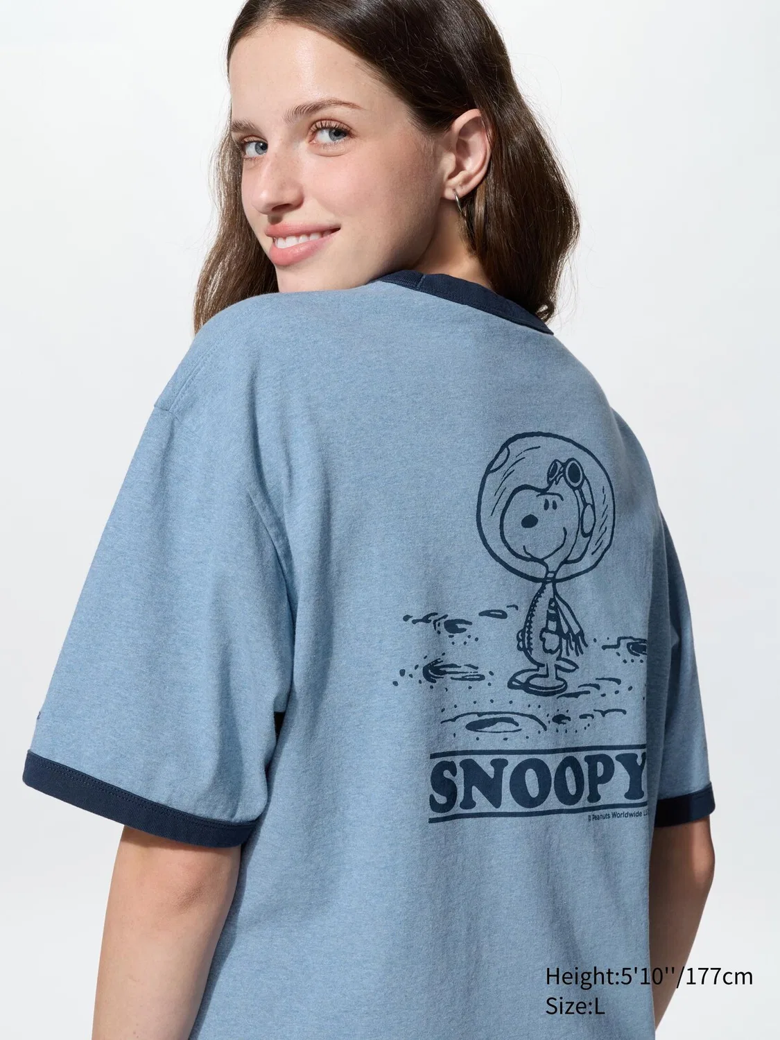 Футболка с коротким рукавом Uniqlo, с принтом персонажей Peanuts, синяя — фото 3