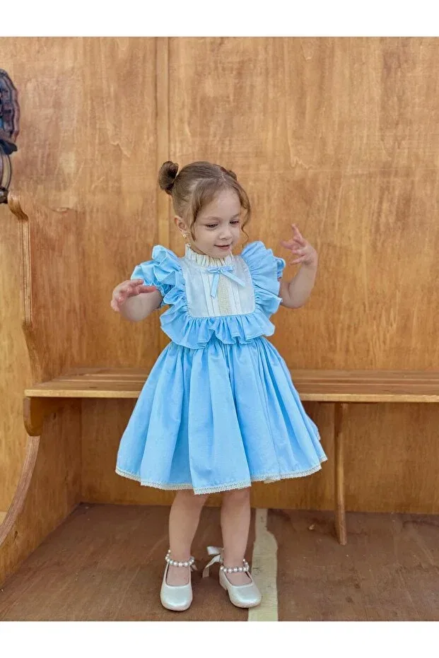 Детское платье для девочек с принтом Defne blue bow vintage baby girl dress Hly Karol Tasarım, Blue — фото 3