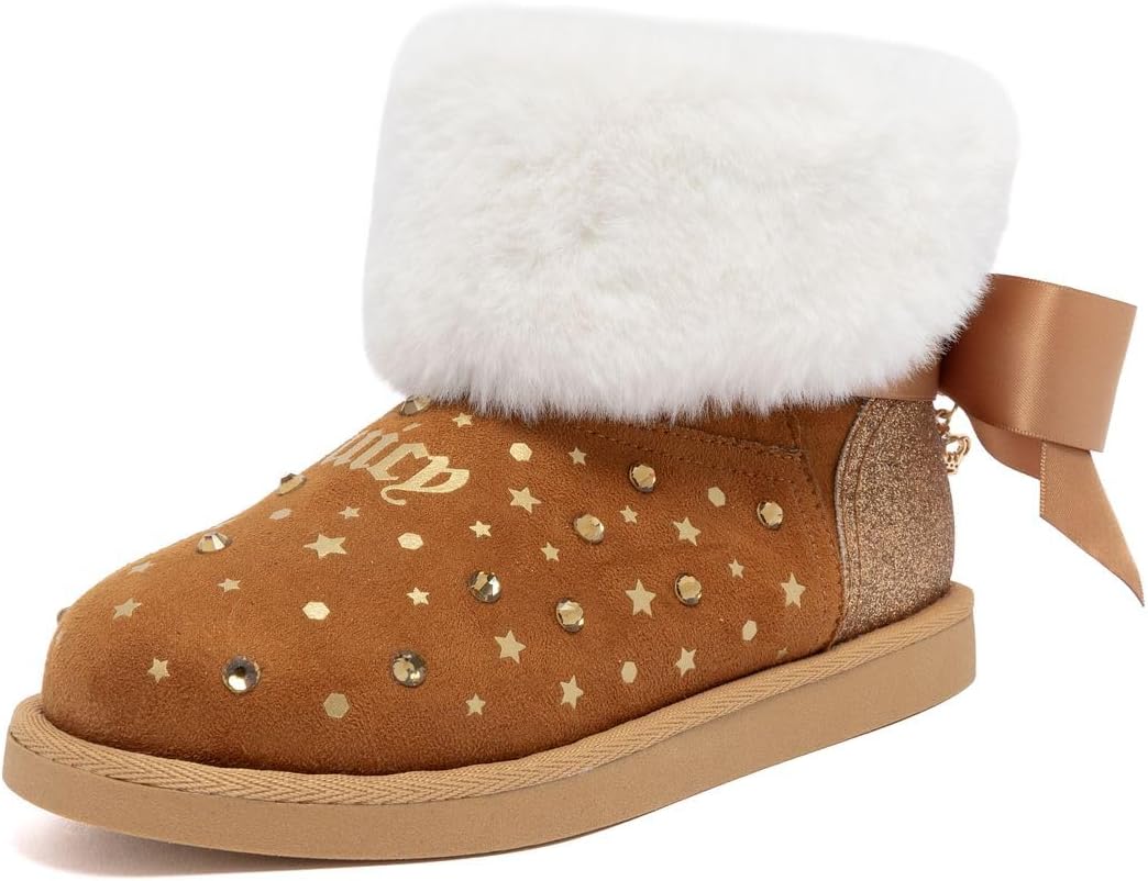 

Детские зимние сапоги Juicy Couture для девочек - уютные модные ботильоны с искусственным мехом, звездочками из страз, комфортной стелькой с эффектом памяти и бантом, Cognac