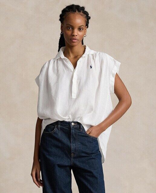 

Льняная женская блузка с коротким рукавом Polo Ralph Lauren, белый