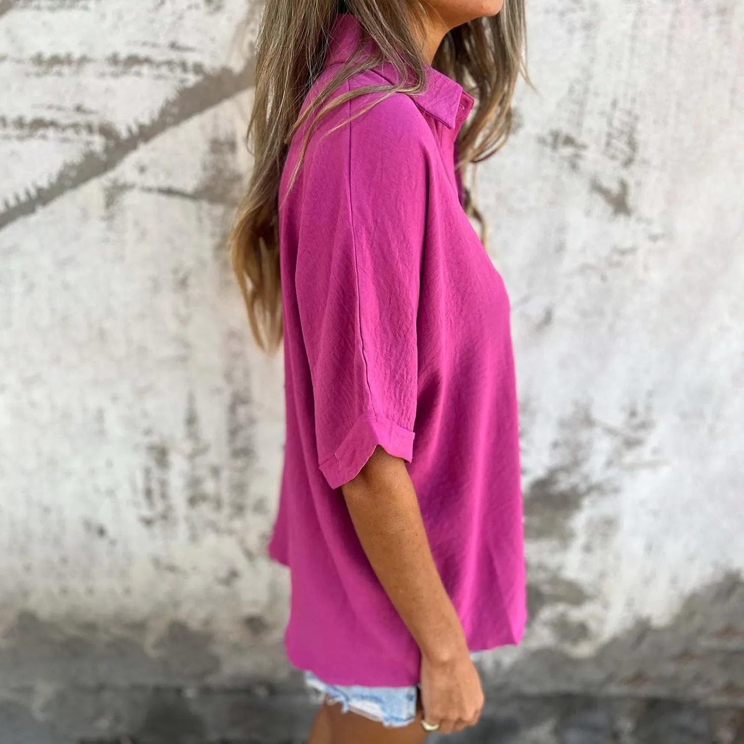 Блуза с пуговицами, свободный крой, Women's Spring/Summer Solid Button Down Half Sleeve Lapel Shirt, ярко-розовый — фото 3