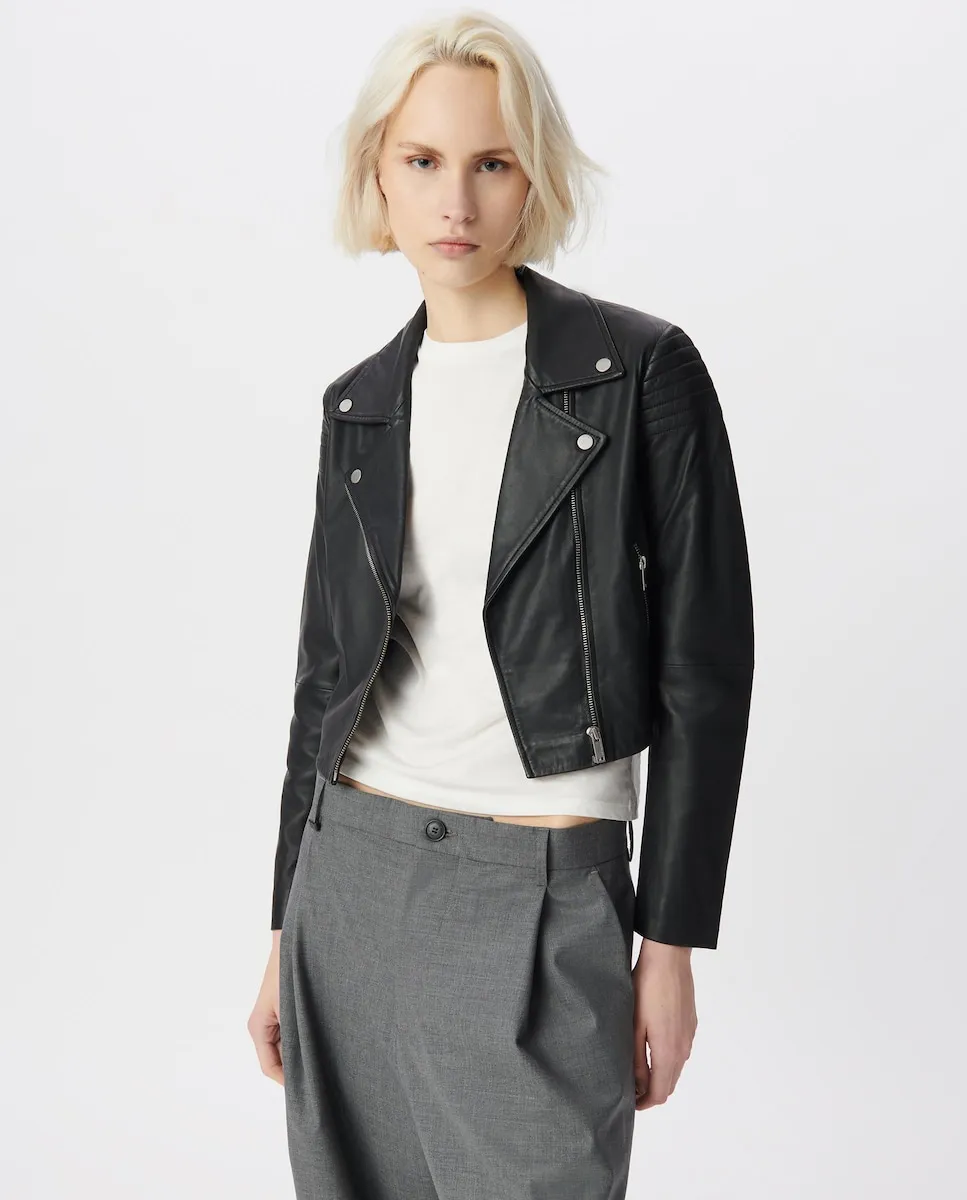 

Женская короткая кожаная куртка с подплечниками IKKS, черный