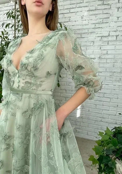 Женское вечернее платье с пышными рукавами 3D бабочка, Emerald Green — фото 3