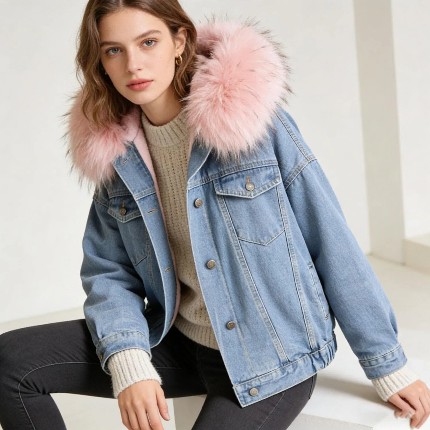Женская куртка из флиса с подкладкой из шерпы и джинсовой тканью, Rosa — фото 3