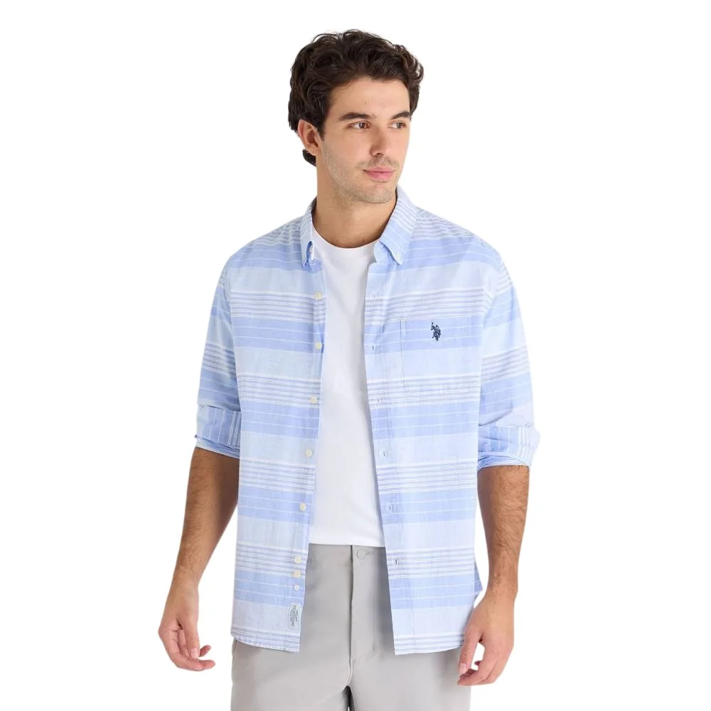 Мужская рубашка U.S. Polo Assn. Long Sleeve Horizontal Stripe Slub Poplin, лазурно-голубой/белый