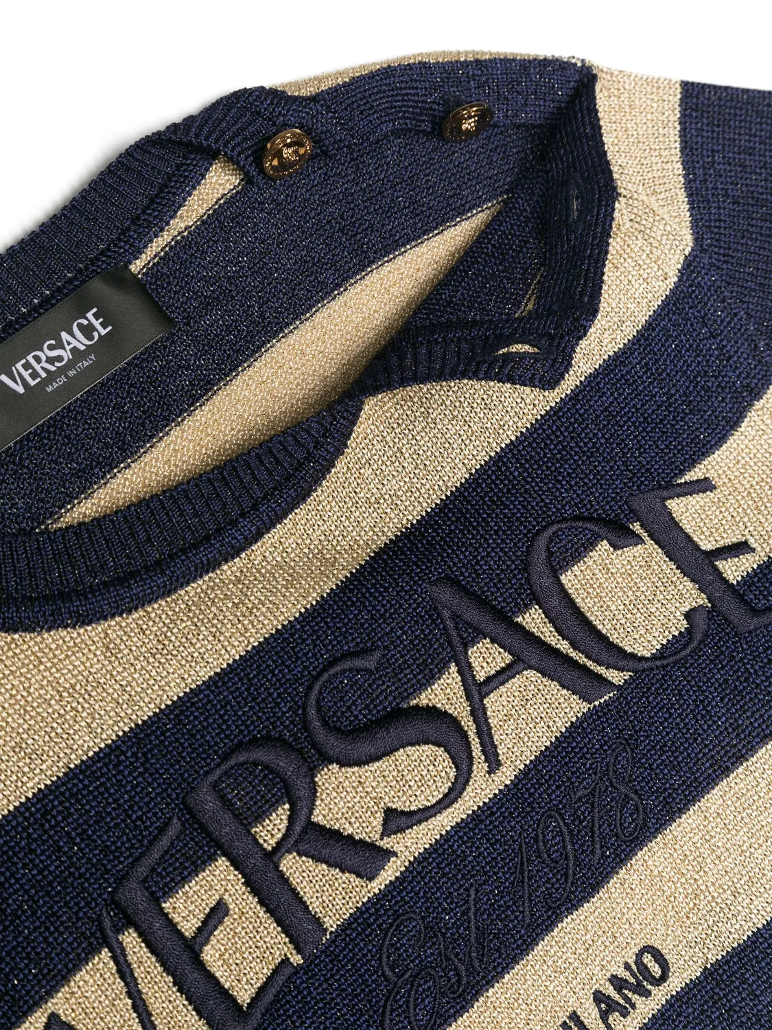 Полосатый джемпер с вышитым логотипом Versace, темно-синий — фото 3