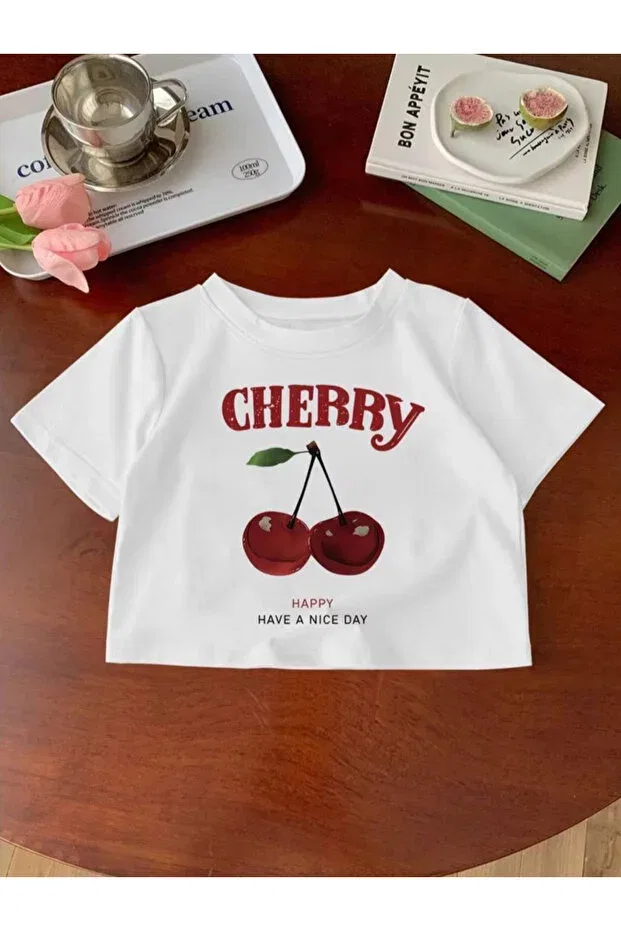 Детская футболка для мальчиков с принтом Karakter Printed Crew Neck Short Sleeve Crop Girls' T-Shirt Crop Short Tshirt Baxia, White