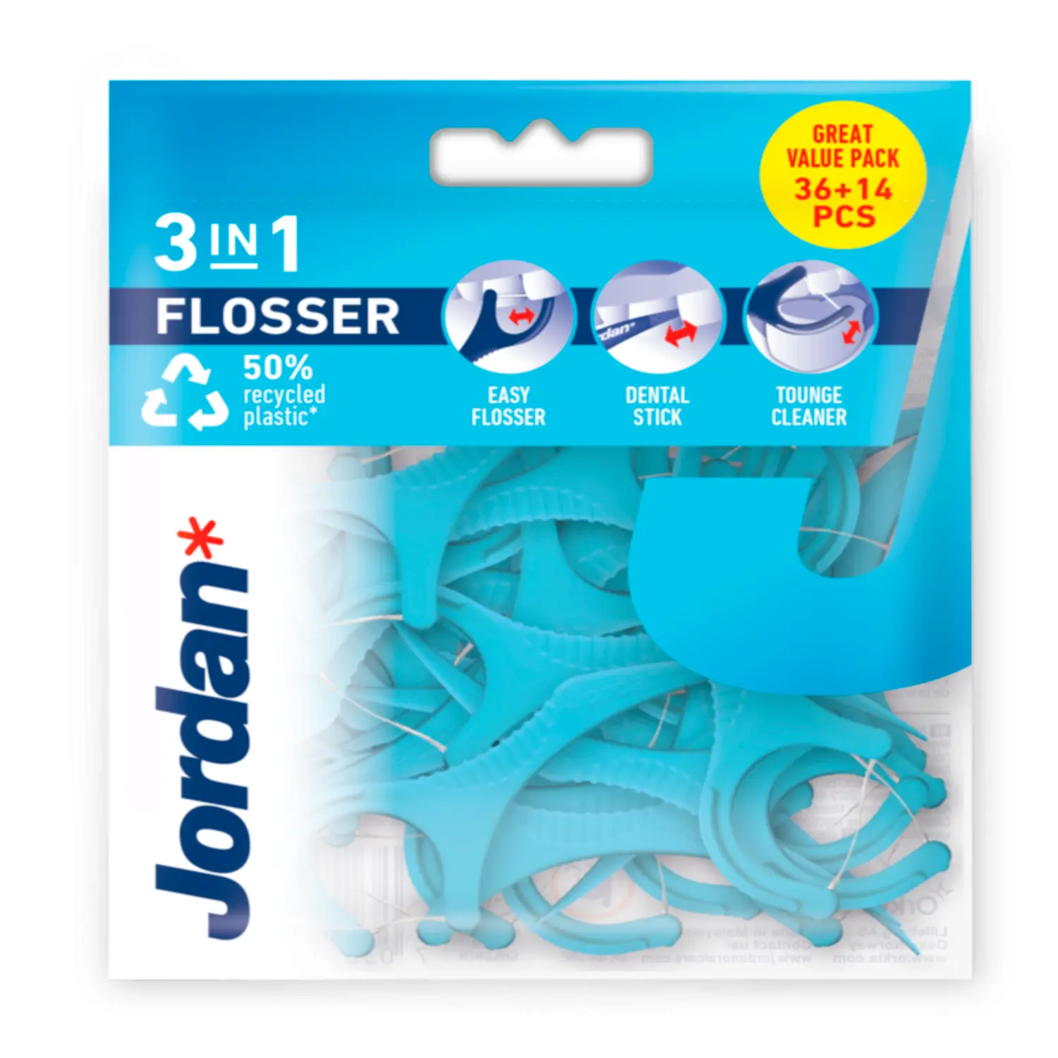 Jordan Flosser 3in1 зубная нить для чистки межзубных промежутков и языка 3в1, 36 шт./уп. — фото 2