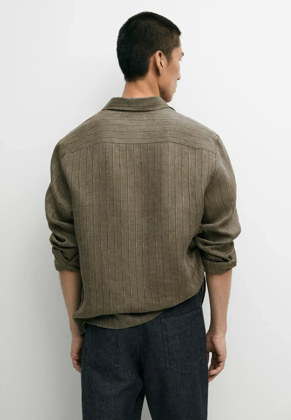Рубашка в полоску, стандартный крой, 100% лен Massimo Dutti, Dark Green — фото 3