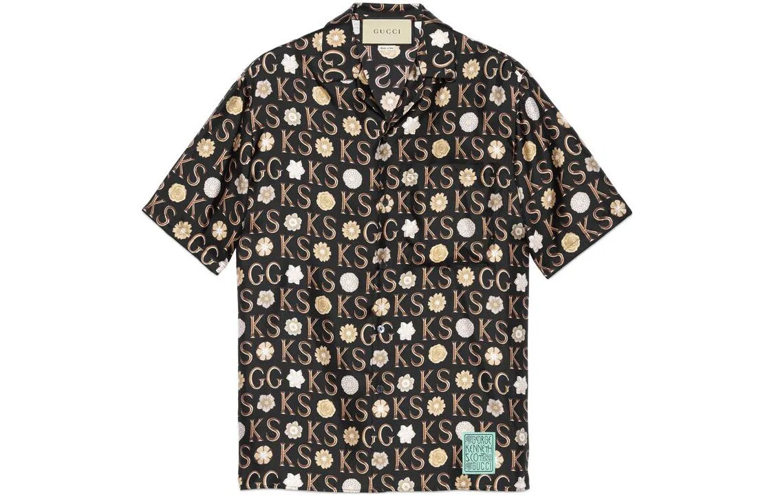 Рубашка мужская GUCCI с кубинским воротником, свободный крой, Black Brown