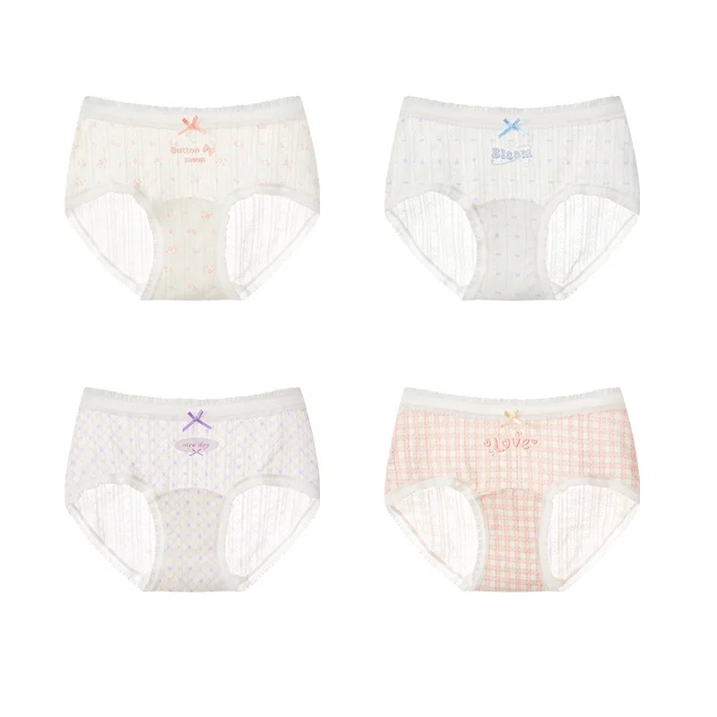 Детские трусики для девочек из лиоцелла с принтом Red Bean, 4-набор, Цвет: 4-pack [Small pink checkered + crushed floral + purple checkered + small blue floral]