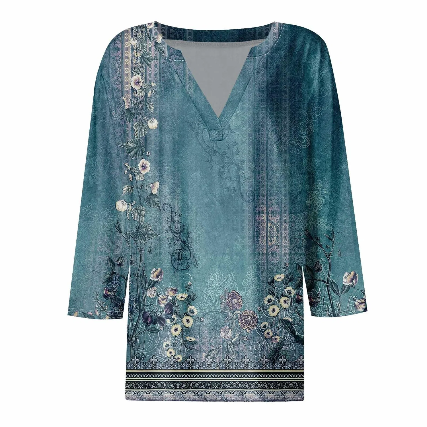 Женская блуза с принтом Women Blouses 3/4 Sleeve V Neck Casual Elegant Summer Boho Floral Print Blouses, 35#azzurro — фото 3