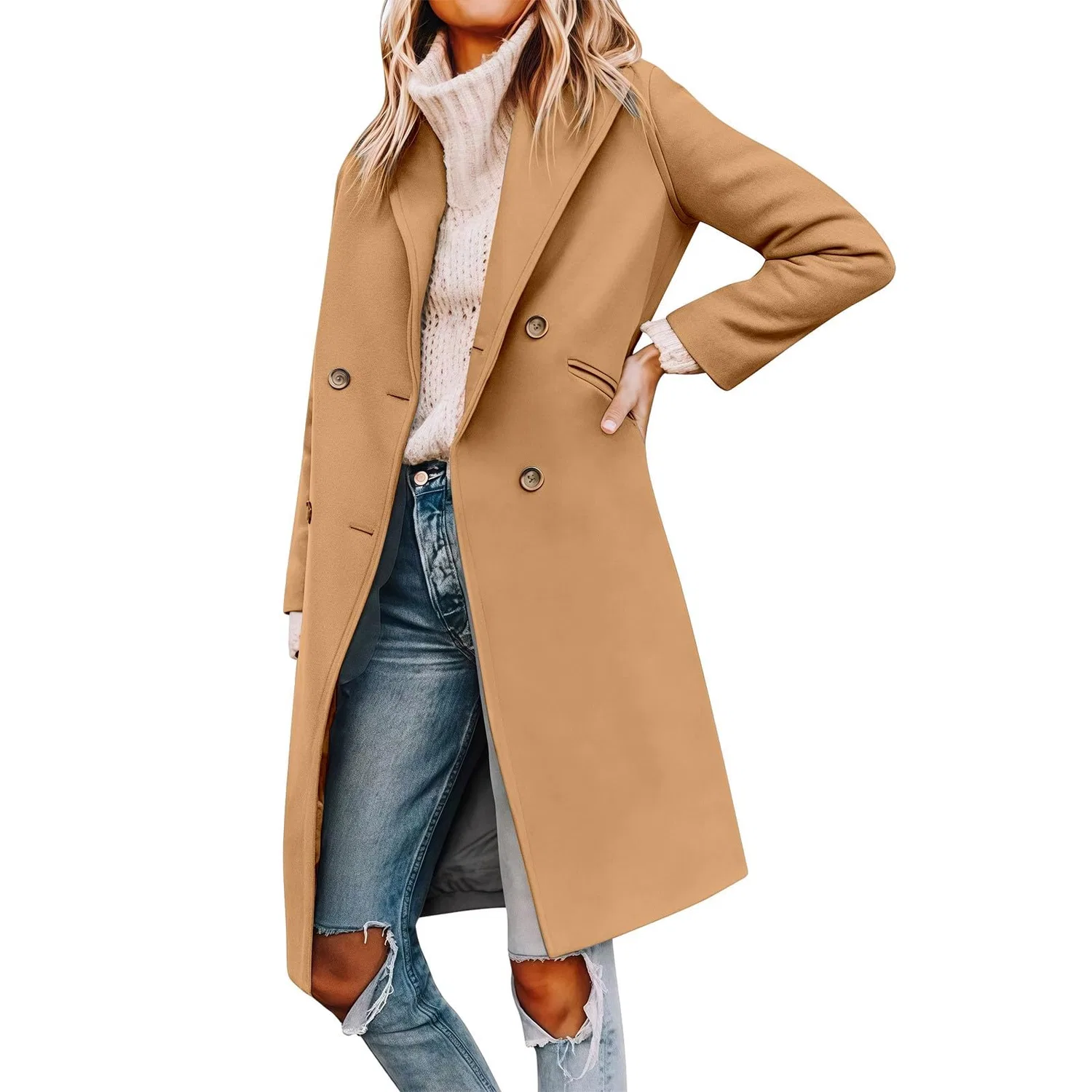 Женское двубортное пальто из шерстяной смеси с лацканами, dark khaki