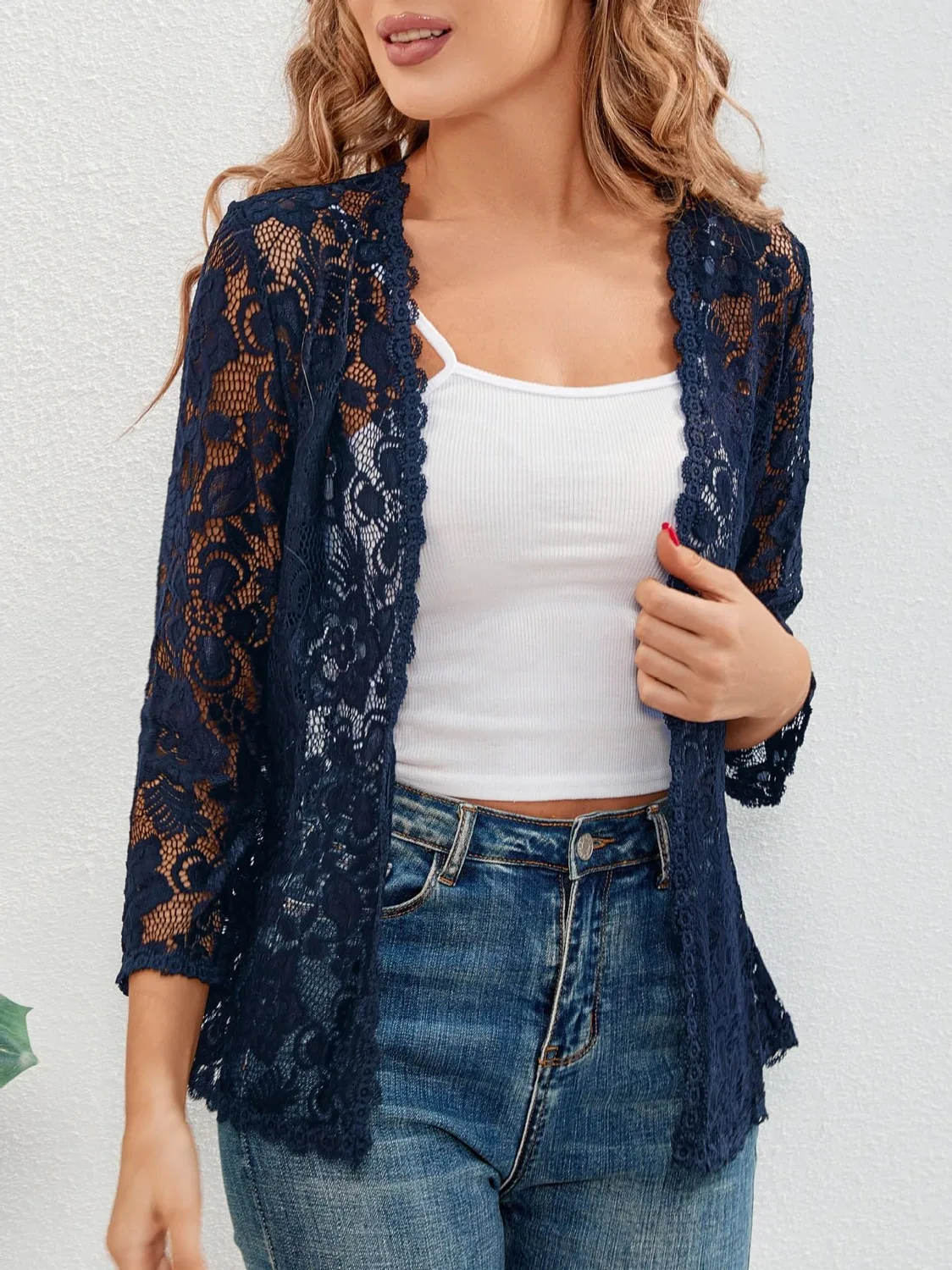 Женский кардиган с цветочным кружевом с рукавом 3/4, модель Bolero, Navy — фото 3