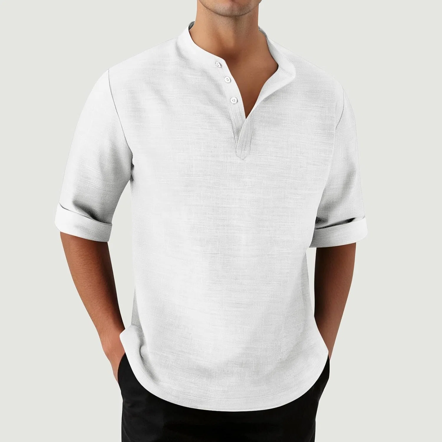 Мужская льняная рубашка с воротником-хенли Regular Fit NoxwB, White — фото 3