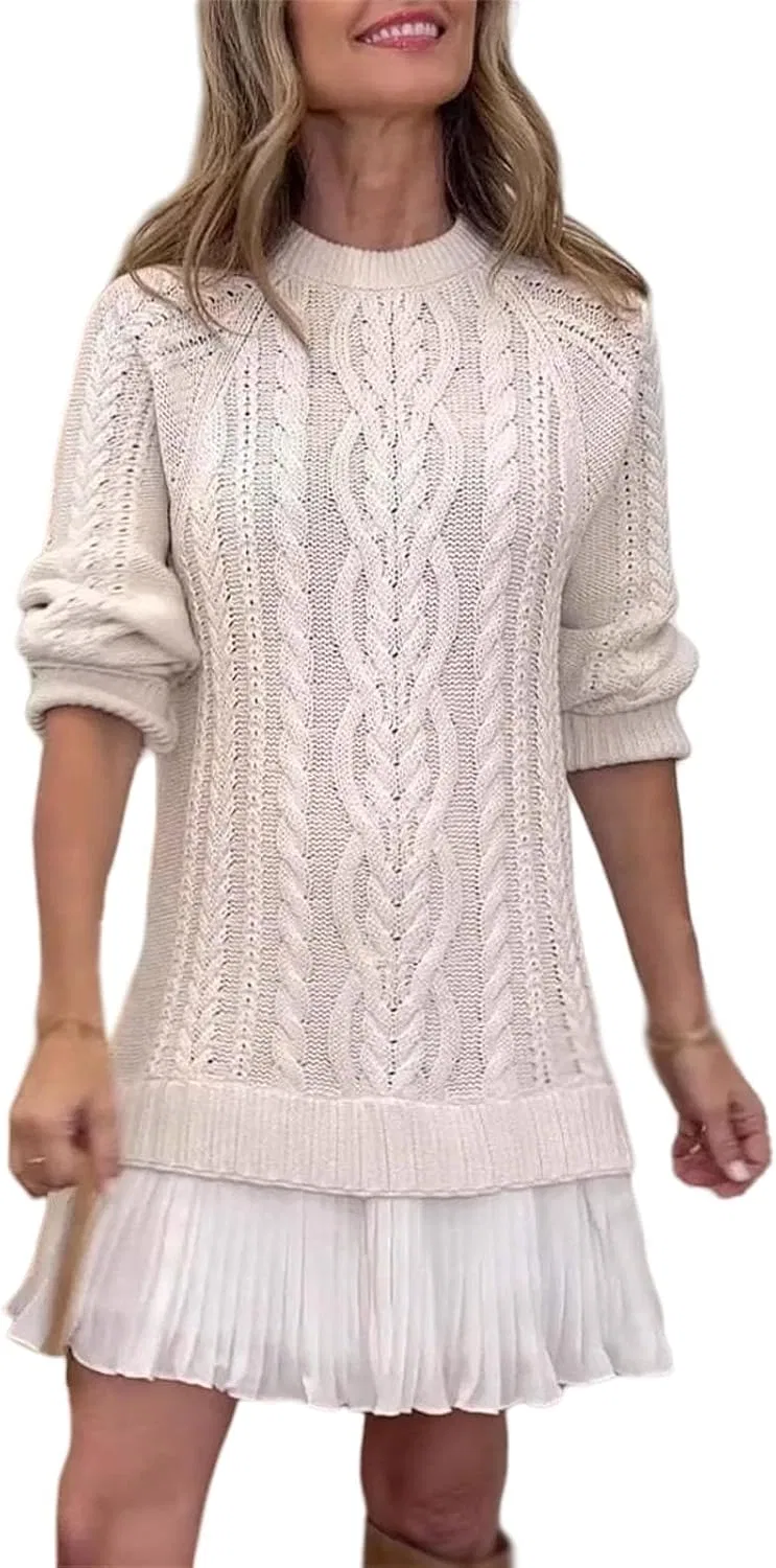 Женское вязаное платье-свитер с косами Crewneck, Apricot