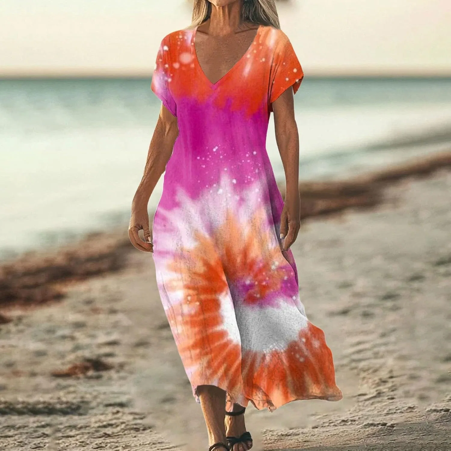 Женское летнее макси-платье с V-образным вырезом из льна и хлопка, Flowy Casual Boho, Saffron — фото 2