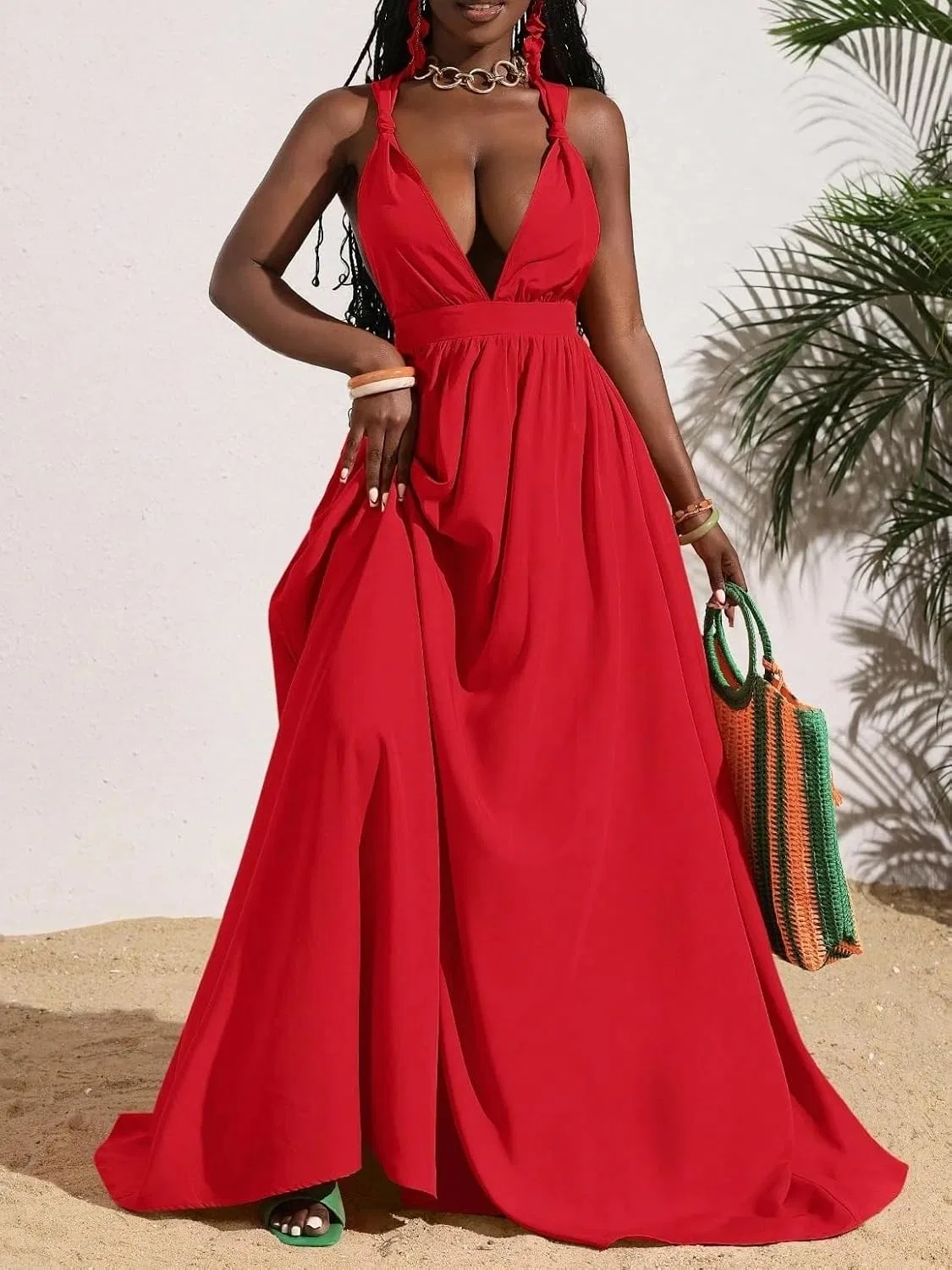 Женское макси платье на бретелях с открытой спиной Halter, Red — фото 3