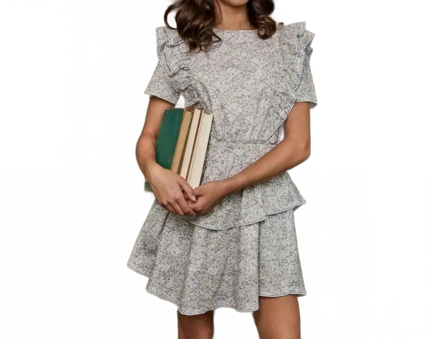 Детское платье-трапеция с коротким рукавом и цветочным принтом Collier Dress Pleat, Grey Blooms