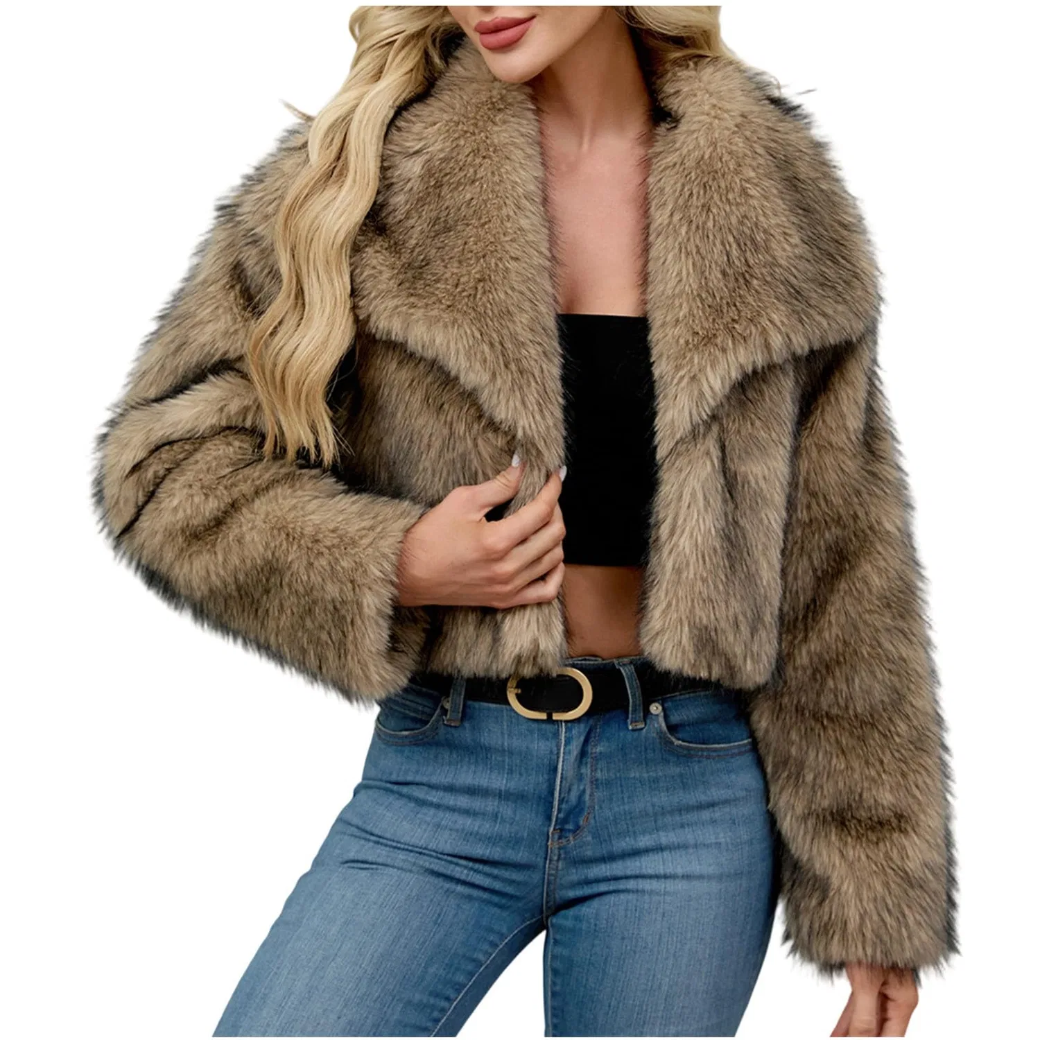 Женское пальто из искусственного меха с длинным рукавом, с принтом, модель Faux Fur Jackets, D Khaki