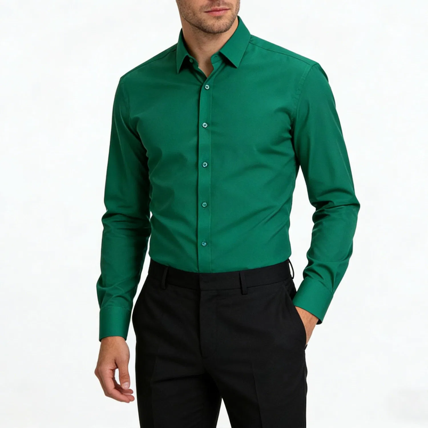 Мужская рубашка с длинным рукавом, современный slim fit, Dark Green — фото 4