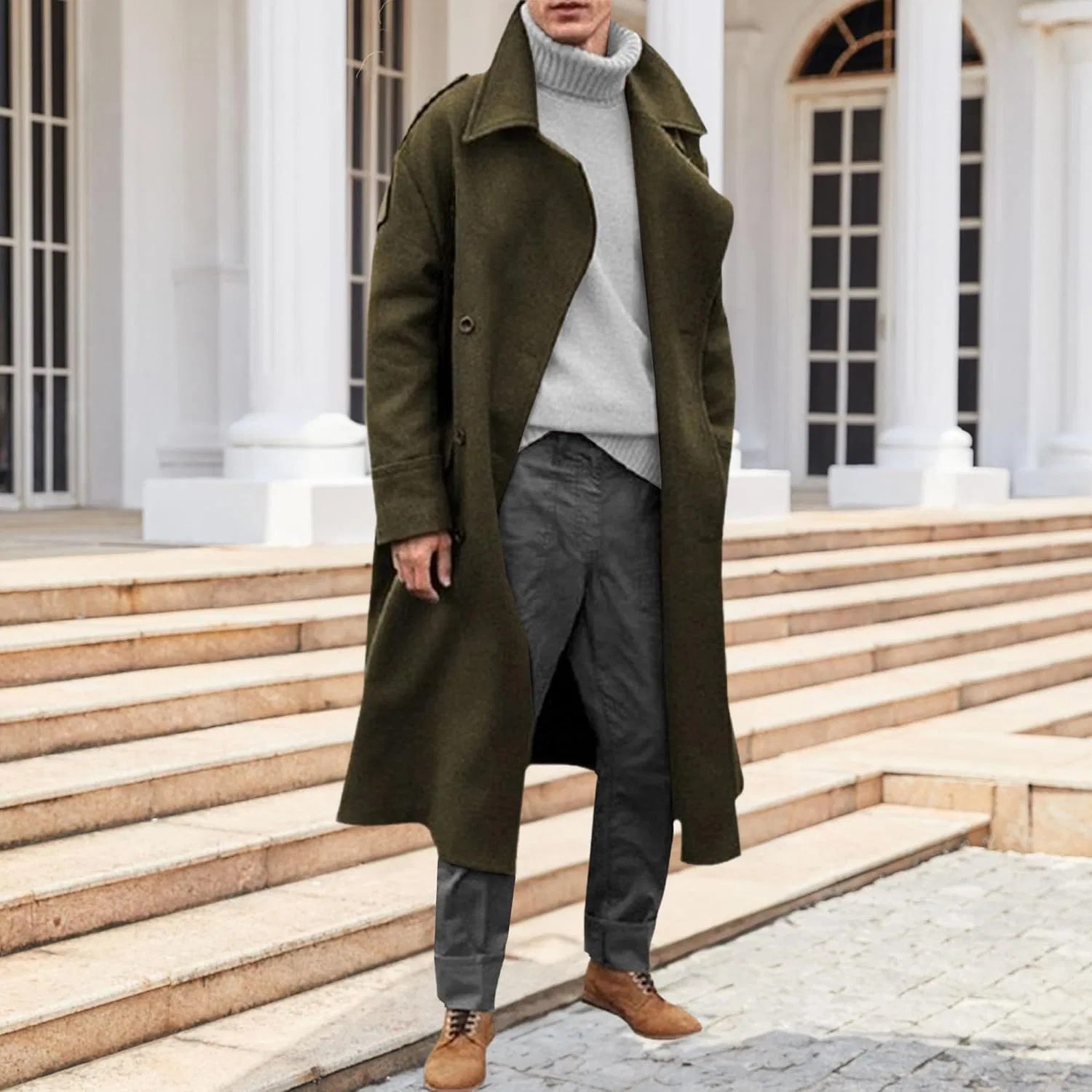 Мужское длинное пальто-тренч с классическим отложным воротником, Oversized, армейский зелёный — фото 3