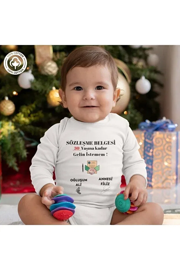 Детское боди для мальчиков с принтом Contract certificate i don't want to be born until the age of 30 personalized baby boy bodysuit Asilcomkids, White