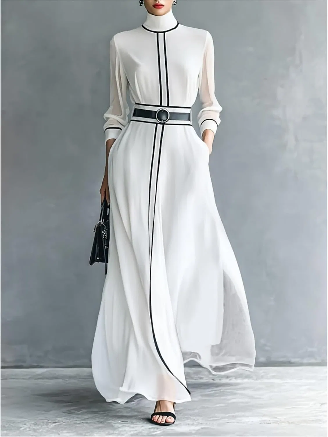 Женское длинное платье с круглым вырезом и длинными рукавами, White — фото 2
