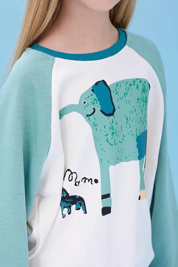 Детские свитшот для девочек с принтом Elephant Printed Crew Neck Oversize Seasonal Perendi, Ecru-Cagla — фото 4