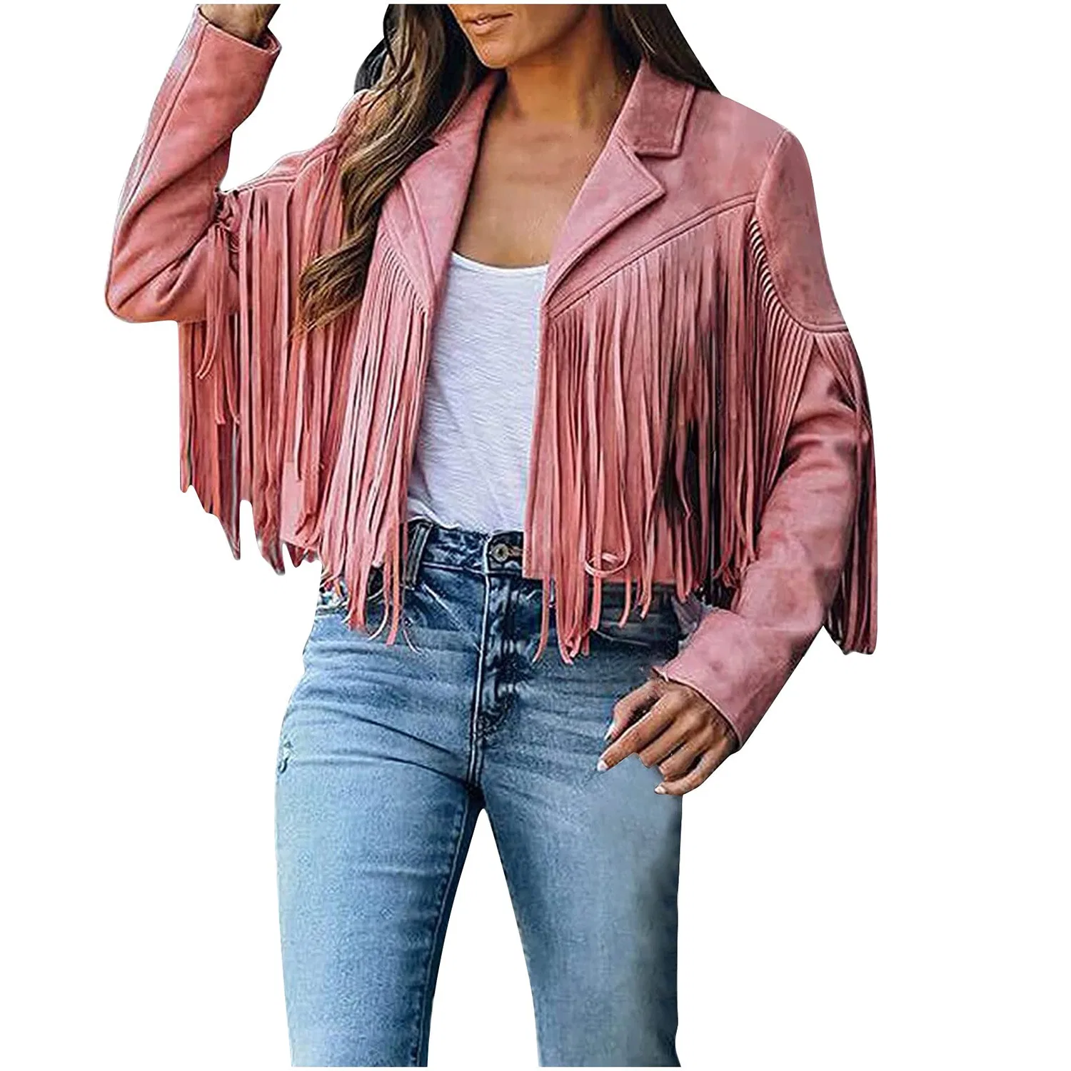 Женская куртка с длинным рукавом с бахромой, rosa