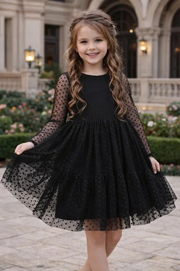 Детское платье для девочек с длинным рукавом из тюля Calisa, Black