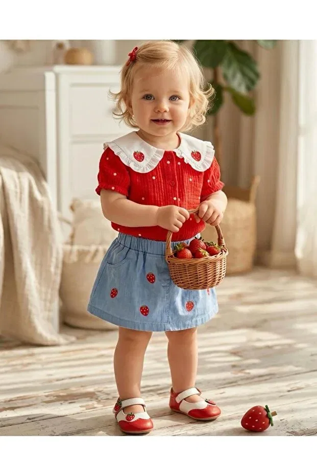 Детский комплект для новорожденных хлопковый Fisto strawberry collar embroidered 100% cotton muslin fabric mini denim skirt double holiday set Altintaş Baby, Red Blue — фото 3