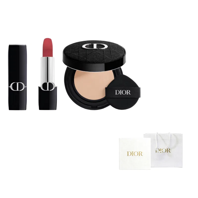 Женский набор косметики с матовой помадой и тональным кремом Velvet Mist Lipstick 720 + Soft and Radiant Air Cushion 1N, DIOR, Blue Gold