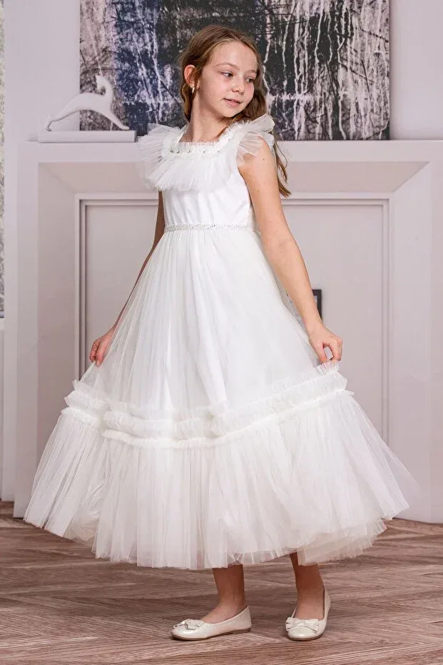 Детское платье из фатина с длинным рукавом Süslü Pink Kids, White