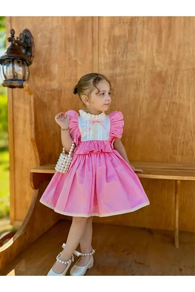 Детское платье для девочек с принтом Defne pink bow vintage baby girl dress Hly Karol Tasarım, Pink — фото 3
