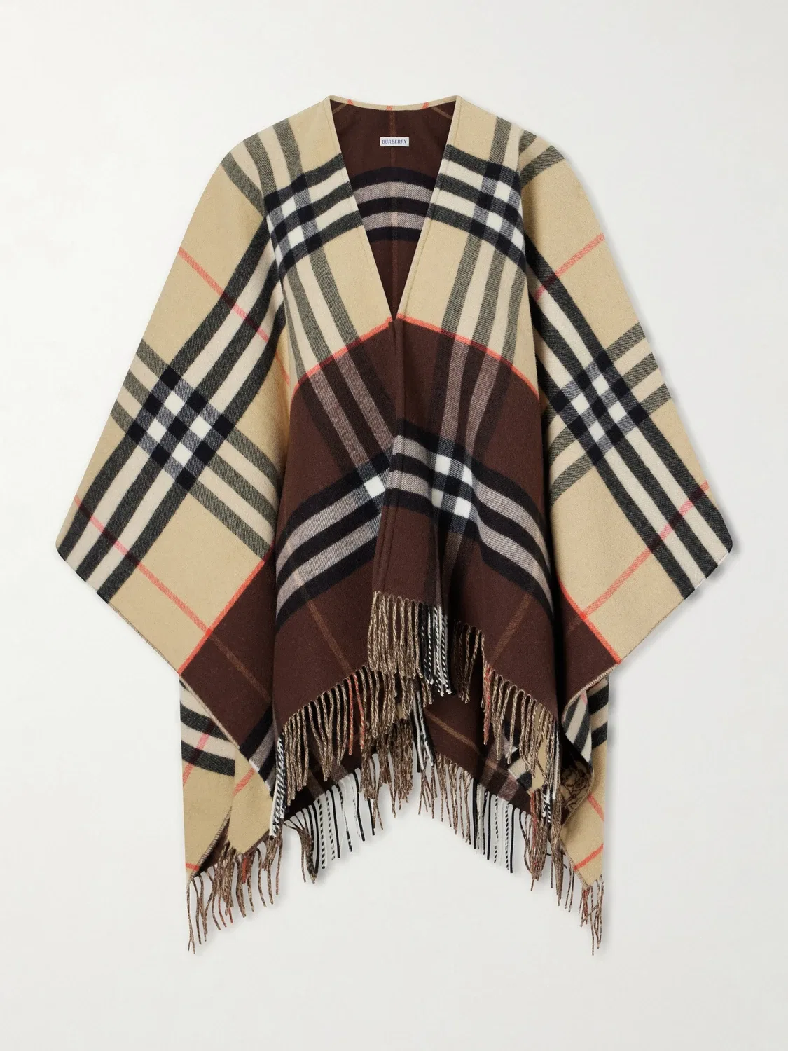 Кашемировая накидка в клетку с бахромой BURBERRY, коричневый