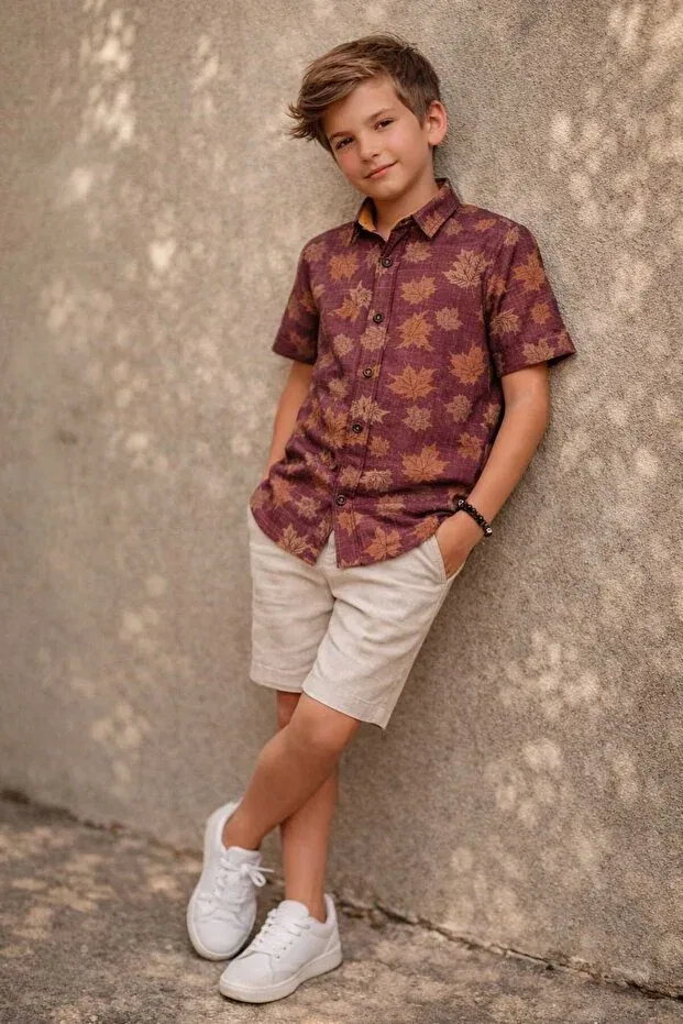 Детская рубашка для мальчиков с принтом Plum Big Leaf Detailed Short Sleeve Louis Kids, Murdum