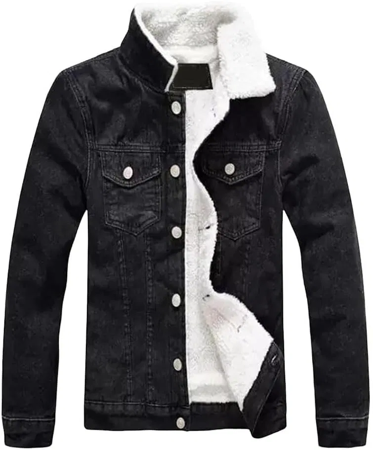 Мужская джинсовая куртка на флисе с принтом, Denim Lambskin Black