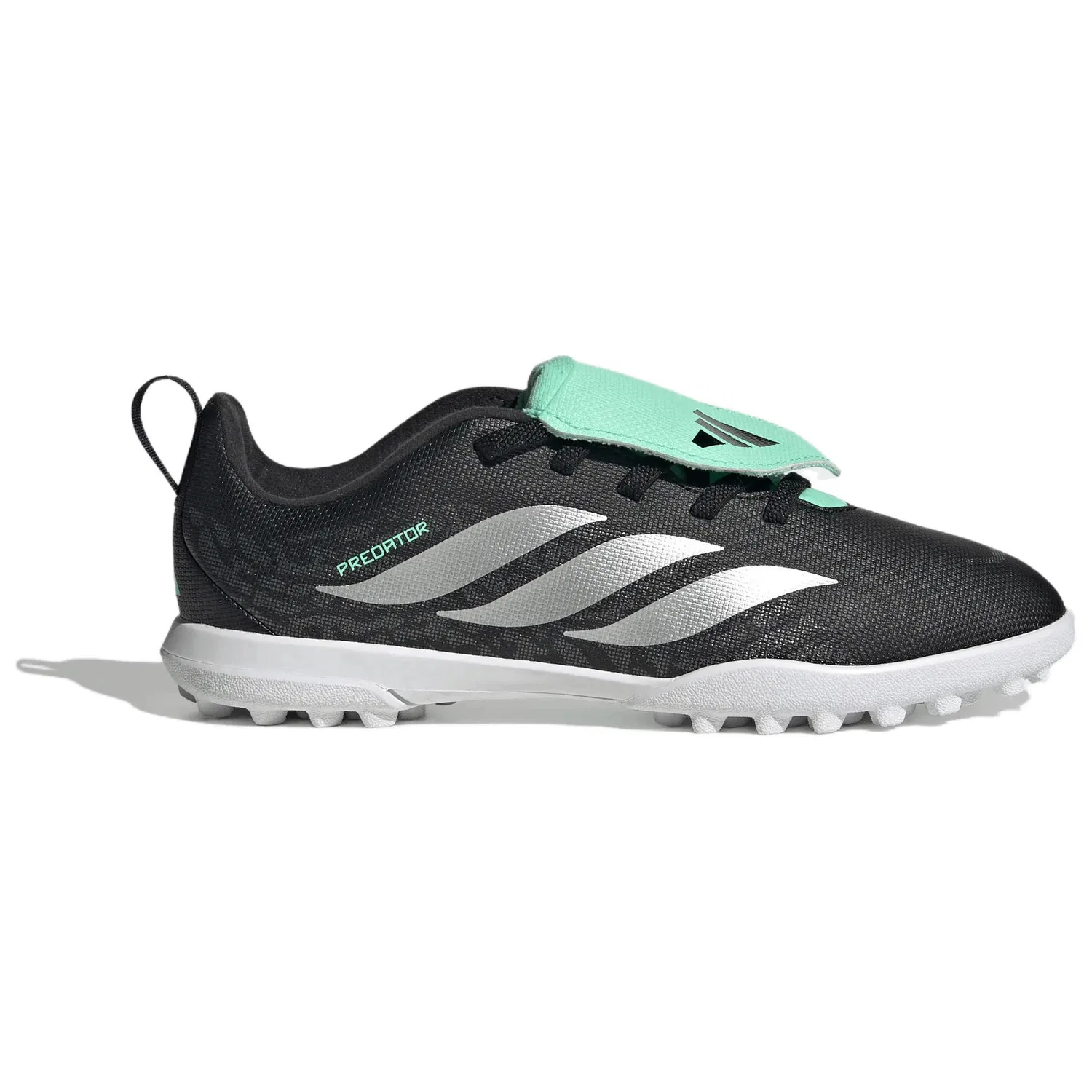 Детские футбольные бутсы с фиксированной шнуровкой Adidas Predator CLUB, Black/Metallic Silver/Mint — фото 3