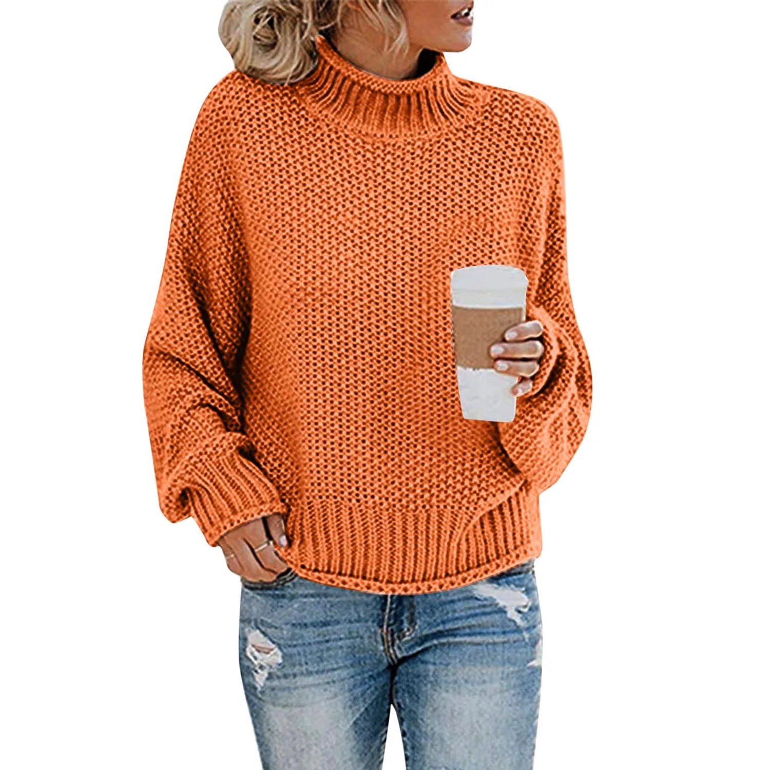 Женский свитер оверсайз с длинным рукавом, модель Oversized Chunky Knit Sweater, Orange — фото 2