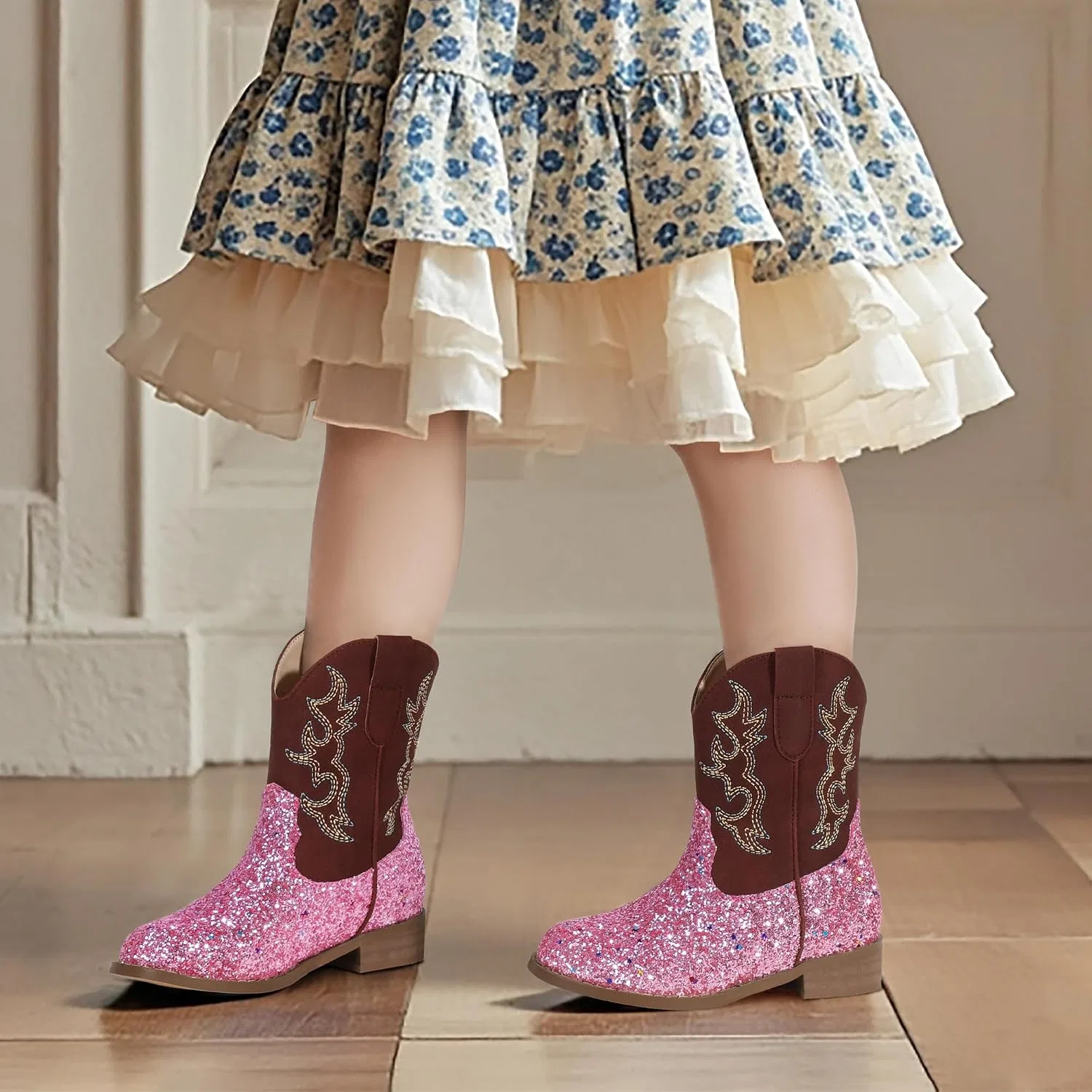 Детские сапоги для девочек с вышивкой Cowgirl Boots PANDANINJIA, Pink Sequin — фото 3