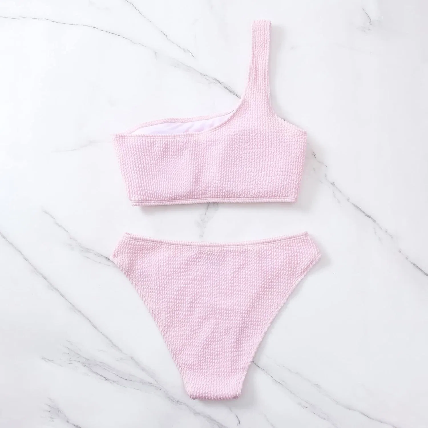 Женский бикини-комплект с одним плечом на высокой талии Pink — фото 3
